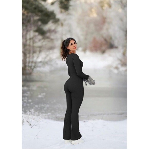 Catsuit Unitard One Piece Square Neck Line Flare Leg XL Tall Gym Athleisure Yoga - Picture 3 of 7